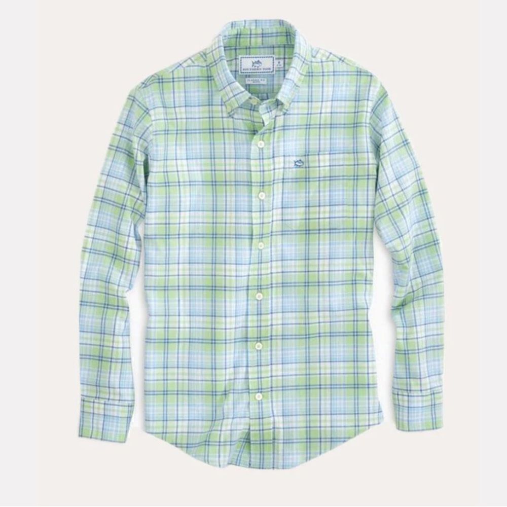 SOUTHERN TIDE Boy’s Surfscoter Blue and Green Plaid Sport Button Down Sz L
